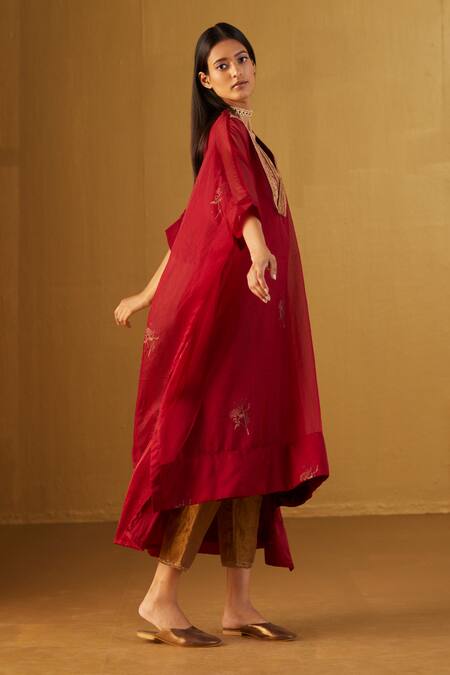 Shorshe Clothing_Red Organza, Handloom Cotton Waahida Hand Block Print Kaftan And Pant Set_at_Aza_Fashions