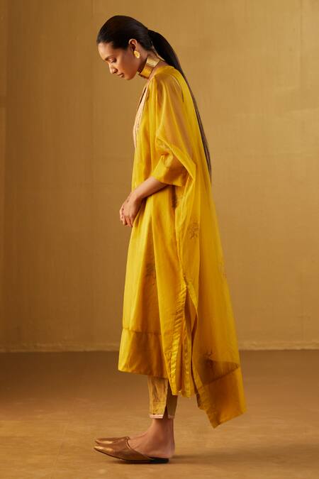 Shorshe Clothing_Yellow Organza, Handloom Cotton Lace Waahida Floral Print Kaftan And Pant Set_Online_at_Aza_Fashions