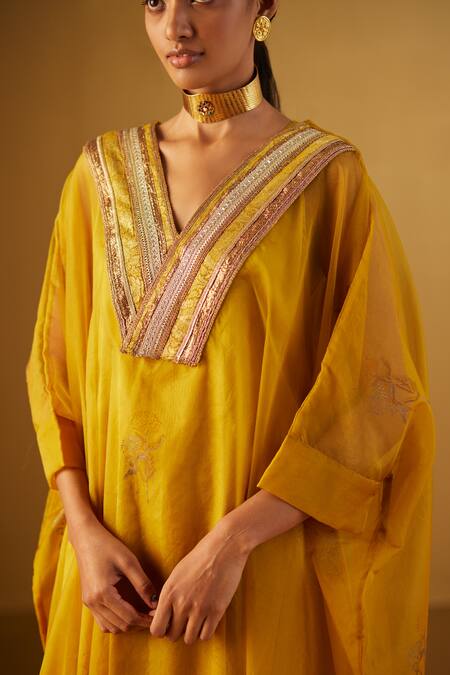 Buy_Shorshe Clothing_Yellow Organza, Handloom Cotton Lace Waahida Floral Print Kaftan And Pant Set_Online_at_Aza_Fashions