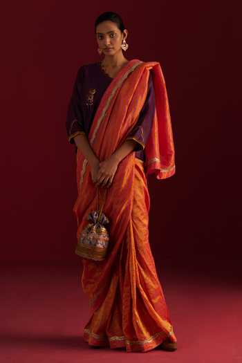 Shorshe Clothing_Pink Tissue Lace Zoya Striped Saree_Online_at_Aza_Fashions