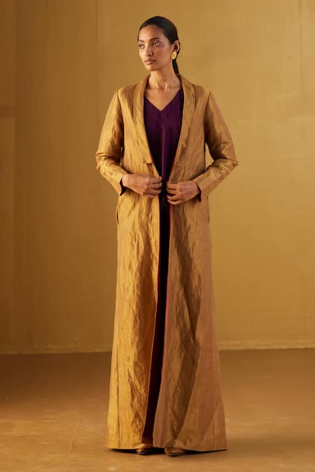 Shorshe Clothing Gold Handloom Tissue Plain Shawl Collar Afghan Jacket 