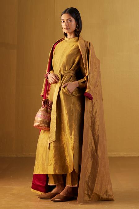 Shop Shorshe Clothing Gold Handloom Cotton, Satin Shawl Neck Afghan Tissue Jacket Online at Aza Fashions Shop_Shorshe Clothing_Gold Handloom Cotton, Satin Shawl Neck Afghan Tissue Jacket _Online_at_Aza_Fashions
