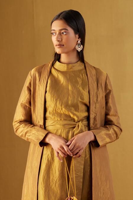 Shorshe Clothing Gold Handloom Cotton, Satin Shawl Neck Afghan Tissue Jacket at Aza Fashions Shorshe Clothing_Gold Handloom Cotton, Satin Shawl Neck Afghan Tissue Jacket _at_Aza_Fashions