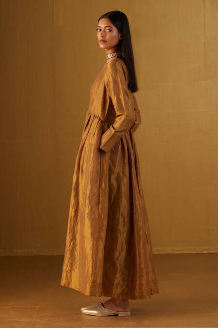 Shorshe Clothing_Gold Handloom Cotton Zari Round Neck Anna Neckline Embroidered Anarkali _Online_at_Aza_Fashions