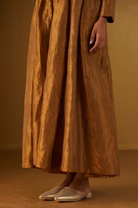 Buy_Shorshe Clothing_Gold Handloom Cotton Zari Round Neck Anna Neckline Embroidered Anarkali _Online_at_Aza_Fashions