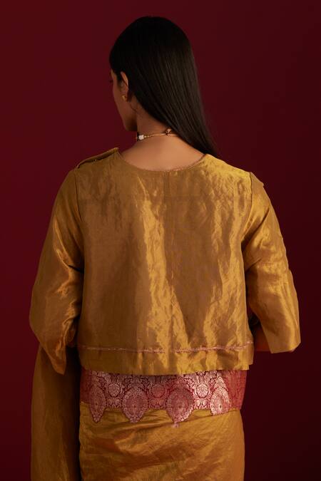 Shop Shorshe Clothing Gold Handloom Cotton Round Neck Angrakha Blouse at Aza Fashions Shop_Shorshe Clothing_Gold Handloom Cotton Round Neck Angrakha Blouse_at_Aza_Fashions