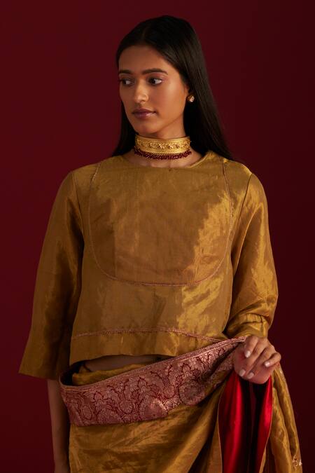 Shorshe Clothing Gold Handloom Cotton Round Neck Angrakha Blouse Online at Aza Fashions Shorshe Clothing_Gold Handloom Cotton Round Neck Angrakha Blouse_Online_at_Aza_Fashions