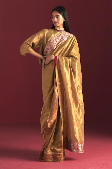 Shorshe Clothing Gold Handloom Tissue Woven Floral Ayesha Border Brocade Saree 