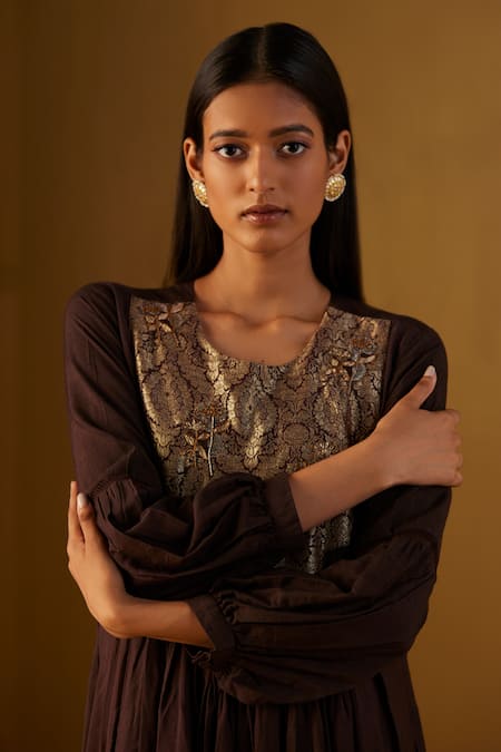 Shorshe Clothing_Brown Chanderi Embroidery Round Neck Vaani Choga Yoke Woven Anarkali _Online_at_Aza_Fashions