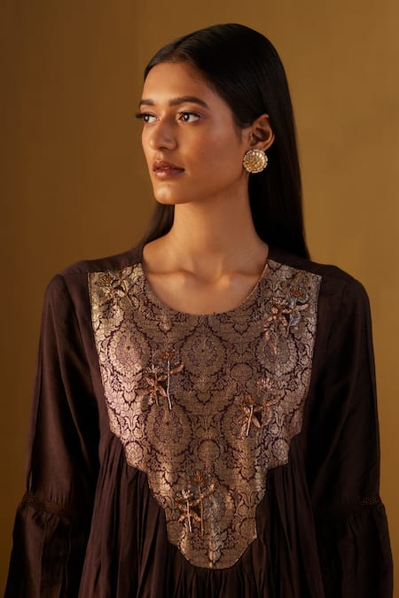 Buy_Shorshe Clothing_Brown Chanderi Embroidery Round Neck Vaani Choga Yoke Woven Anarkali _Online_at_Aza_Fashions