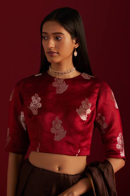 Shorshe Clothing_Red Brocade, Linen Embroidery Round Neck Floral Woven Blouse _Online_at_Aza_Fashions