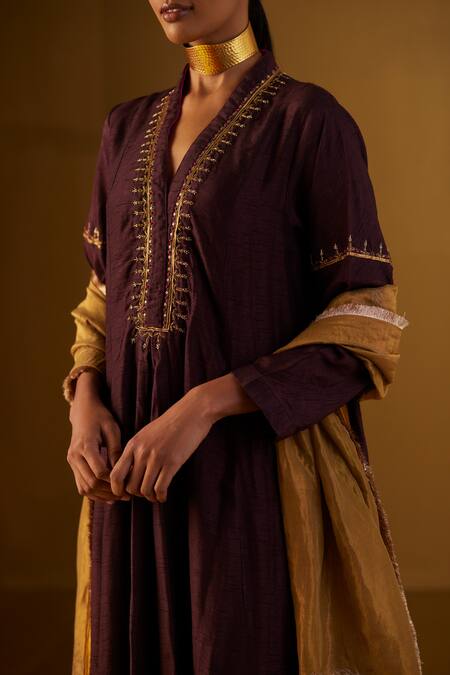 Shorshe Clothing_Yellow , Silk, Handloom Embroidery Hand Block Printed Dupatta _Online_at_Aza_Fashions