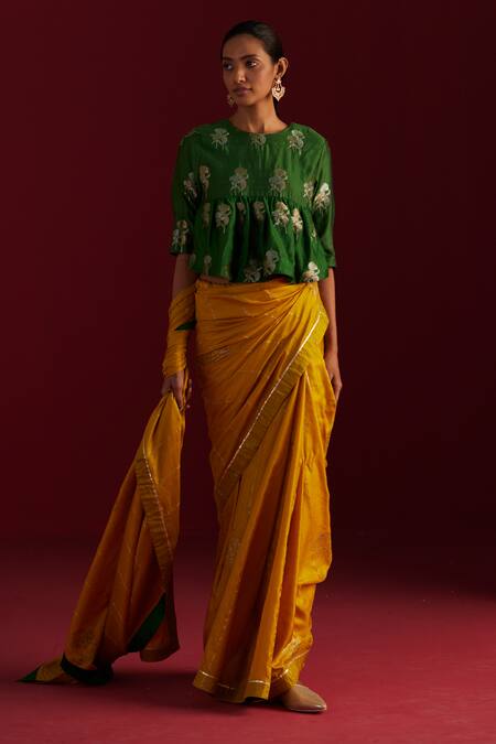 Shorshe Clothing_Green Brocade, Linen Embroidery Round Neck Empireline Floral Woven Blouse _Online_at_Aza_Fashions
