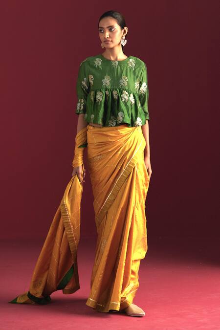 Buy_Shorshe Clothing_Green Brocade, Linen Embroidery Round Neck Empireline Floral Woven Blouse _Online_at_Aza_Fashions