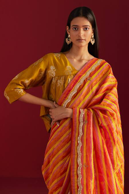 Shorshe Clothing Yellow Brocade Embroidery Round Neck Empireline Woven Blouse Online at Aza Fashions Shorshe Clothing_Yellow Brocade Embroidery Round Neck Empireline Woven Blouse _Online_at_Aza_Fashions