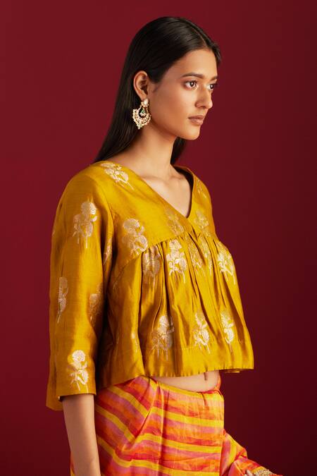 Buy Shorshe Clothing Yellow Brocade Embroidery Round Neck Empireline Woven Blouse Online at Aza Fashions Buy_Shorshe Clothing_Yellow Brocade Embroidery Round Neck Empireline Woven Blouse _Online_at_Aza_Fashions