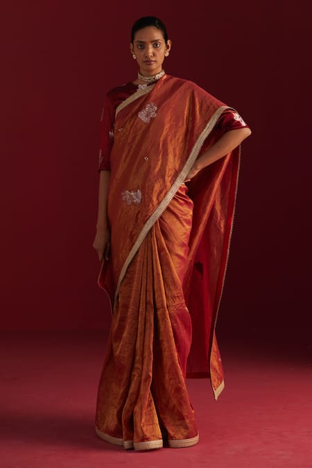 Shorshe Clothing Red Handloom Tissue Embroidery Floral Applique Gulal Saree 