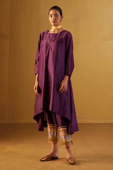 Shorshe Clothing Purple Kurta And Pant Chanderi Embroidery Mehraab Oonch Neech A-line & Set 