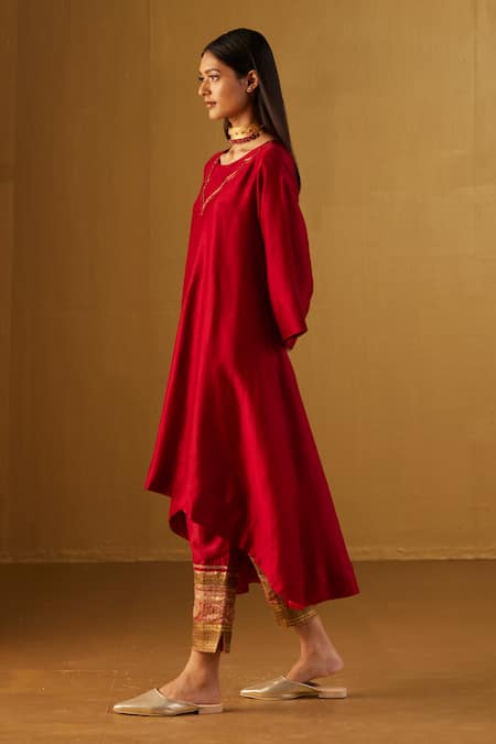 Shorshe Clothing_Red Chanderi Embroidery, Gota Patti Boat Oonch Neech A-line Kurta And Pant Set _Online_at_Aza_Fashions