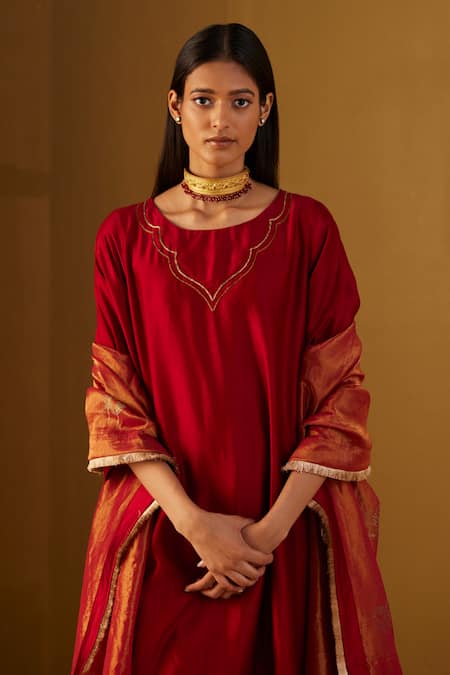 Shop_Shorshe Clothing_Red Chanderi Embroidery, Gota Patti Boat Oonch Neech A-line Kurta And Pant Set _Online_at_Aza_Fashions