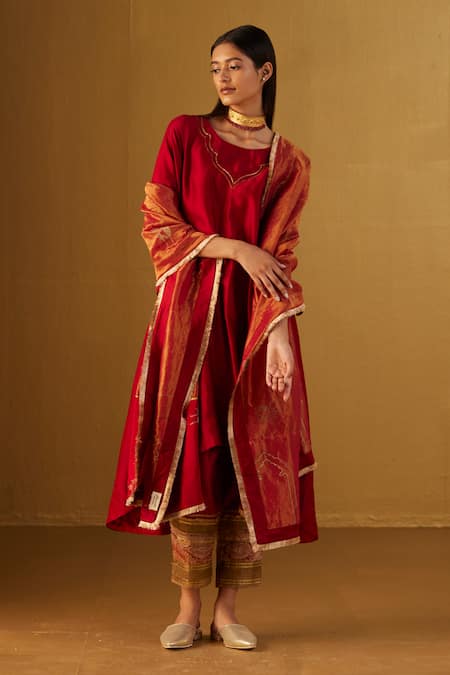 Shorshe Clothing_Red Chanderi Embroidery, Gota Patti Boat Oonch Neech A-line Kurta And Pant Set _at_Aza_Fashions