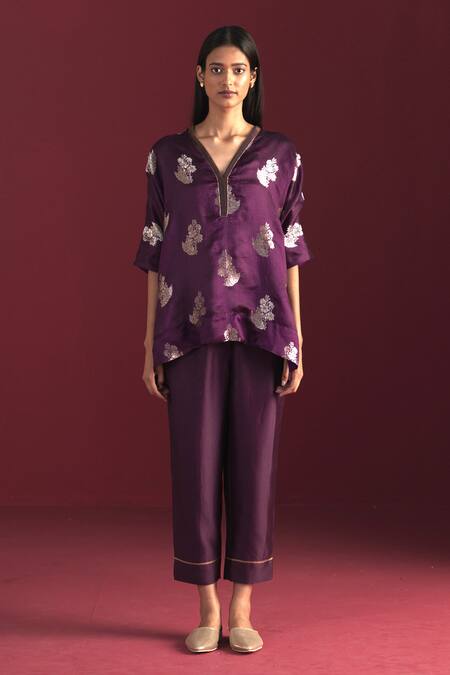 Shorshe Clothing Purple Brocade, Handloom Cotton, Cotton, Rajbaari Woven Kaftan Top With Pant Online at Aza Fashions Shorshe Clothing_Purple Brocade, Handloom Cotton, Cotton, Rajbaari Woven Kaftan Top With Pant _Online_at_Aza_Fashions