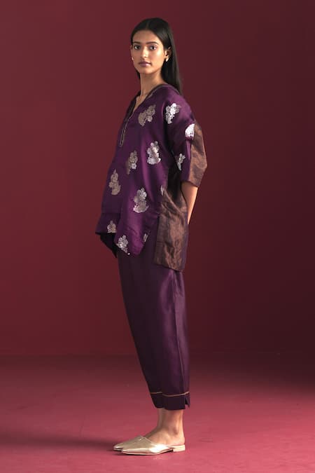 Buy Shorshe Clothing Purple Brocade, Handloom Cotton, Cotton, Rajbaari Woven Kaftan Top With Pant Online at Aza Fashions Buy_Shorshe Clothing_Purple Brocade, Handloom Cotton, Cotton, Rajbaari Woven Kaftan Top With Pant _Online_at_Aza_Fashions