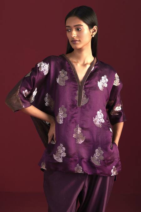 Shop Shorshe Clothing Purple Brocade, Handloom Cotton, Cotton, Rajbaari Woven Kaftan Top With Pant Online at Aza Fashions Shop_Shorshe Clothing_Purple Brocade, Handloom Cotton, Cotton, Rajbaari Woven Kaftan Top With Pant _Online_at_Aza_Fashions