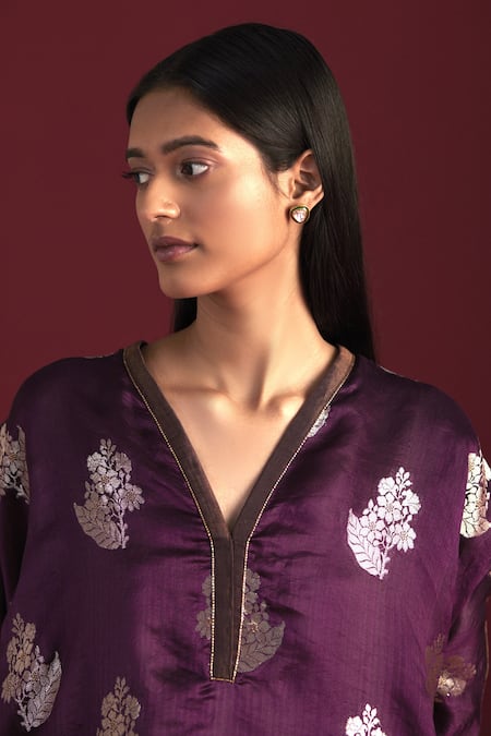 Shorshe Clothing Purple Brocade, Handloom Cotton, Cotton, Rajbaari Woven Kaftan Top With Pant at Aza Fashions Shorshe Clothing_Purple Brocade, Handloom Cotton, Cotton, Rajbaari Woven Kaftan Top With Pant _at_Aza_Fashions