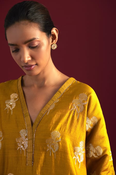 Buy Shorshe Clothing Yellow Cotton, Silk, Brocade Embroidery Floral Woven Kaftan Top And Pant Set Online at Aza Fashions Buy_Shorshe Clothing_Yellow Cotton, Silk, Brocade Embroidery Floral Woven Kaftan Top And Pant Set _Online_at_Aza_Fashions