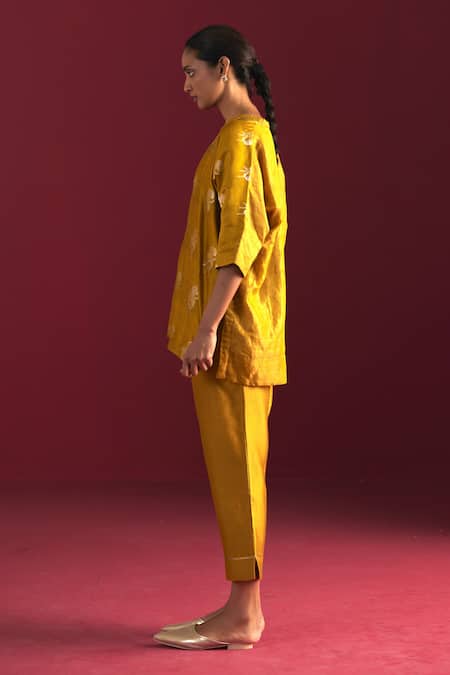 Shop Shorshe Clothing Yellow Cotton, Silk, Brocade Embroidery Floral Woven Kaftan Top And Pant Set Online at Aza Fashions Shop_Shorshe Clothing_Yellow Cotton, Silk, Brocade Embroidery Floral Woven Kaftan Top And Pant Set _Online_at_Aza_Fashions