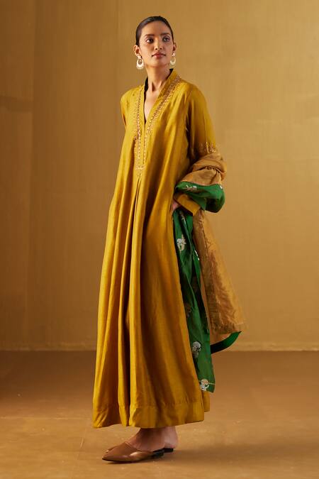 Shop_Shorshe Clothing_Yellow Silk Embroidery V-neck Sashiko Raw Kurta _Online_at_Aza_Fashions