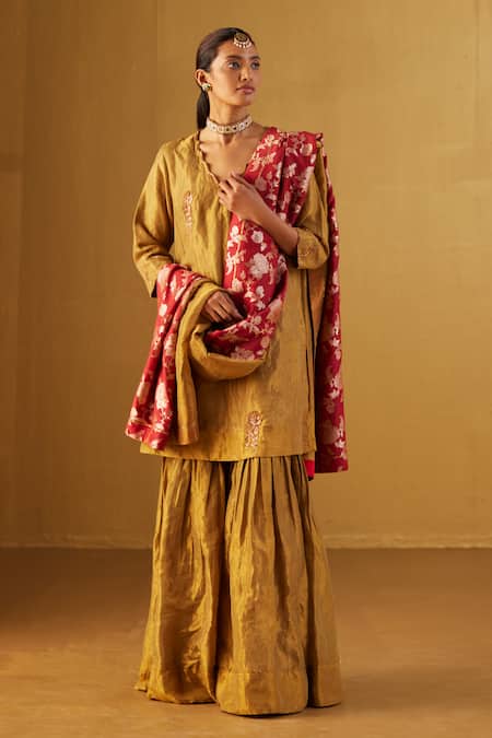 Shorshe Clothing_Gold Handloom Cotton, Linen Embroidery Scoop Tannu Tissue Kurta And Sharara Set _at_Aza_Fashions