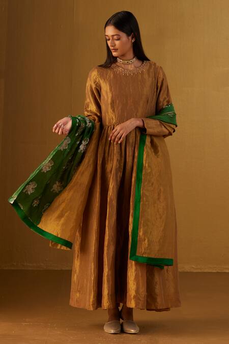 Shorshe Clothing_Gold Handloom Cotton Zari Round Neck Anna Neckline Embroidered Anarkali _at_Aza_Fashions