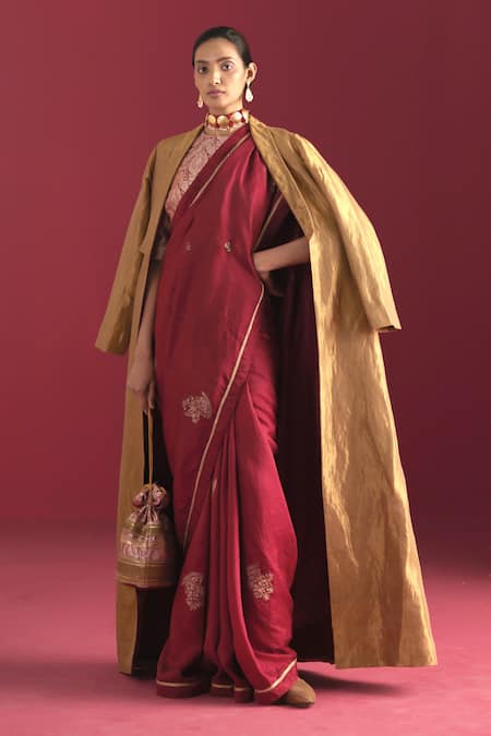 Shorshe Clothing_Red Silk Embroidery Sinduri Hand Block Print Saree _at_Aza_Fashions