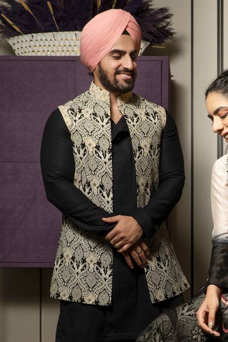 Soniya G_Black Cotton Damask Print Bundi Kurta Set _Online_at_Aza_Fashions