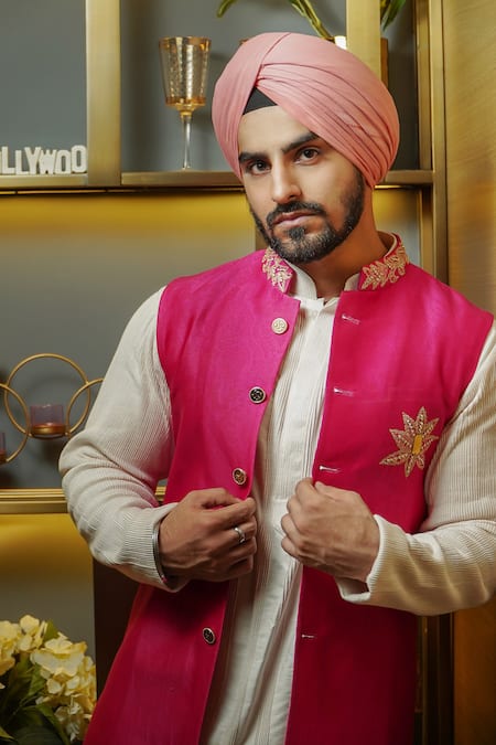 Shop_Soniya G_Pink Cotton Embroidery Floral Self Print Bundi Kurta Set _Online_at_Aza_Fashions