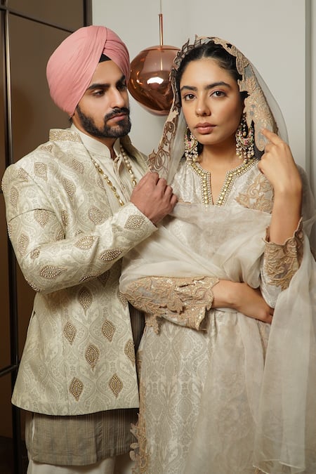 Shop Soniya G Ivory Cotton Embroidery Damask Bundi Set Shop_Soniya G_Ivory Cotton Embroidery Damask Bundi Set