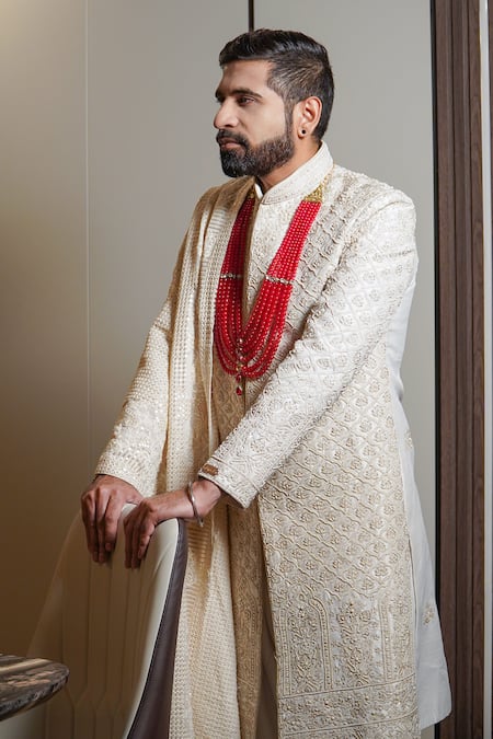 Shop_Soniya G_Cream Silk Sequins Tulip Bloom Embroidered Sherwani Set _at_Aza_Fashions