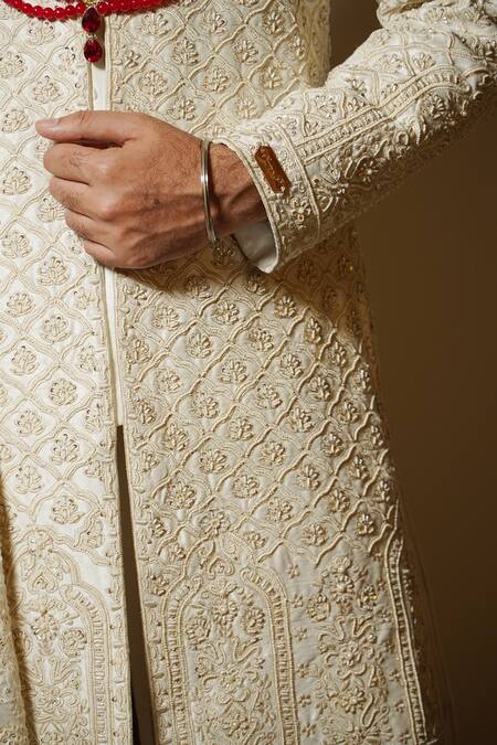 Shop_Soniya G_Cream Silk Sequins Tulip Bloom Embroidered Sherwani Set _Online_at_Aza_Fashions