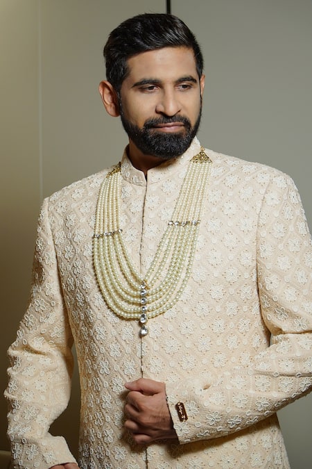 Soniya G Cream Chanderi Embroidery Lucknowi Floral Motif Sherwani Set Online at Aza Fashions Soniya G_Cream Chanderi Embroidery Lucknowi Floral Motif Sherwani Set _Online_at_Aza_Fashions