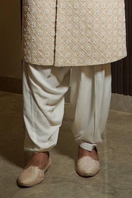 Shop Soniya G Cream Chanderi Embroidery Lucknowi Floral Motif Sherwani Set Online at Aza Fashions Shop_Soniya G_Cream Chanderi Embroidery Lucknowi Floral Motif Sherwani Set _Online_at_Aza_Fashions