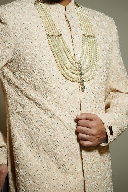 Soniya G Cream Chanderi Embroidery Lucknowi Floral Motif Sherwani Set at Aza Fashions Soniya G_Cream Chanderi Embroidery Lucknowi Floral Motif Sherwani Set _at_Aza_Fashions