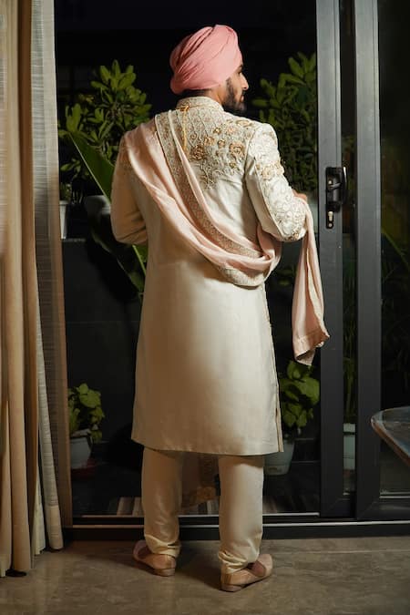 Shop_Soniya G_Ivory Silk Embroidery Flora Vine Sherwani Set _at_Aza_Fashions