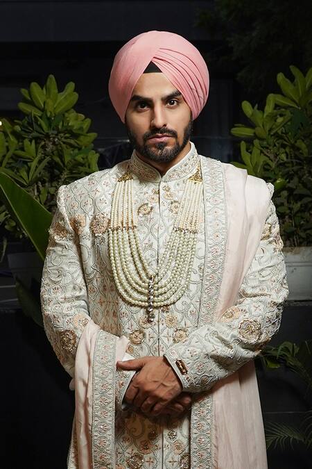 Soniya G_Ivory Silk Embroidery Flora Vine Sherwani Set _Online_at_Aza_Fashions