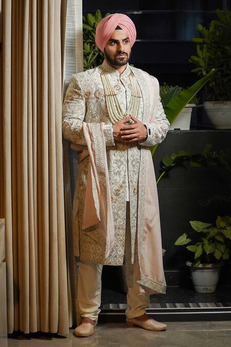 Buy_Soniya G_Ivory Silk Embroidery Flora Vine Sherwani Set _Online_at_Aza_Fashions