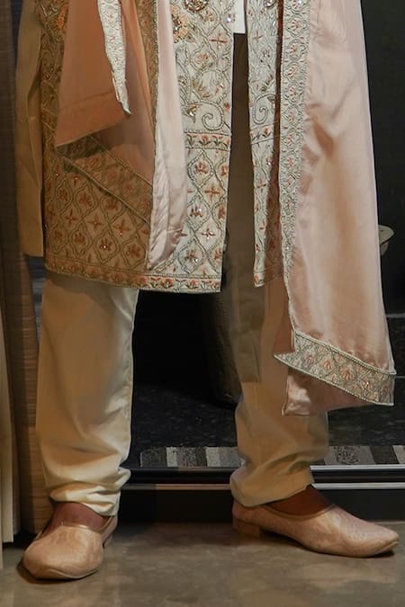 Shop_Soniya G_Ivory Silk Embroidery Flora Vine Sherwani Set _Online_at_Aza_Fashions