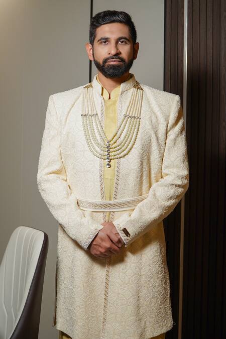 Soniya G Ivory Chanderi, Linen Embroidery Chikankari Bloom Sherwani Set Online at Aza Fashions Soniya G_Ivory Chanderi, Linen Embroidery Chikankari Bloom Sherwani Set _Online_at_Aza_Fashions