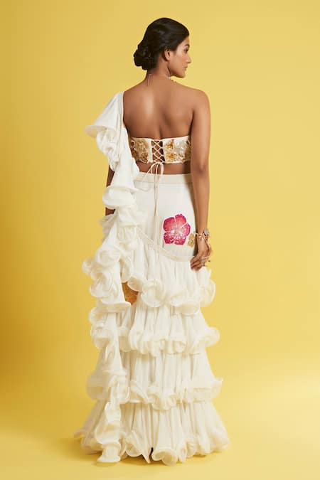 Shop Surily G Ivory Georgette Embroidery Pre-draped Hand Saree at Aza Fashions Shop_Surily G_Ivory Georgette Embroidery Pre-draped Hand Saree _at_Aza_Fashions