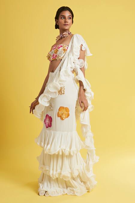 Surily G Ivory Georgette Embroidery Pre-draped Hand Saree Online at Aza Fashions Surily G_Ivory Georgette Embroidery Pre-draped Hand Saree _Online_at_Aza_Fashions